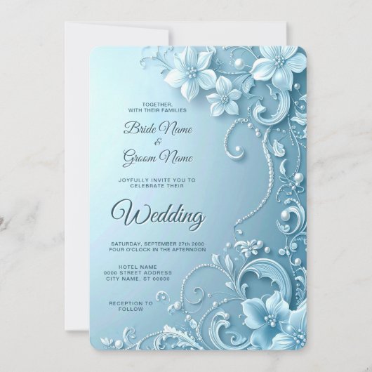 Blue Decorative Floral Wedding Invitation 招待状 (正面)