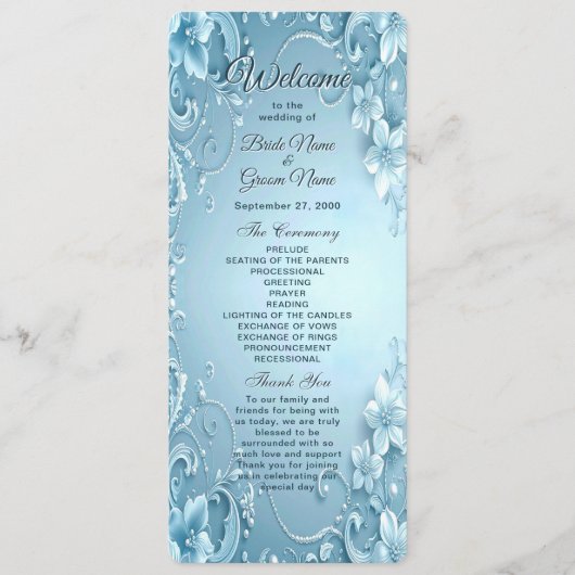 Blue Decorative Floral Wedding Program プログラム (正面)