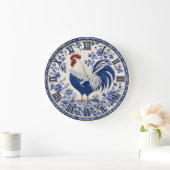 Blue Delft Rooster Farmhouse ラージ壁時計 (ホーム)