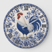 Blue Delft Rooster Farmhouse ラージ壁時計 (正面)