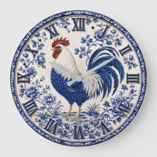 Blue Delft Rooster Farmhouse ラージ壁時計 (正面)