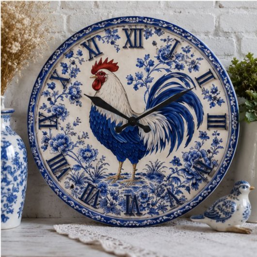 Blue Delft Rooster Farmhouse ラージ壁時計