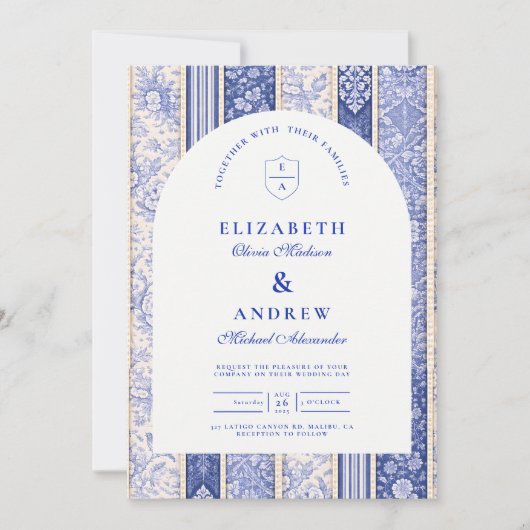 Blue Delft Tile Patchwork Wedding 招待状 (正面)