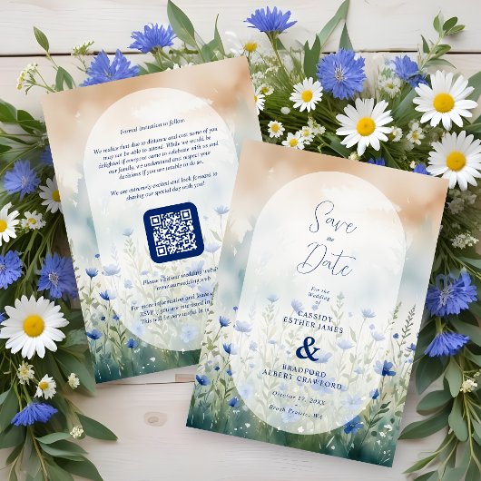 Blue Delicate Romantic Wildflowers Field Wedding セーブザデート