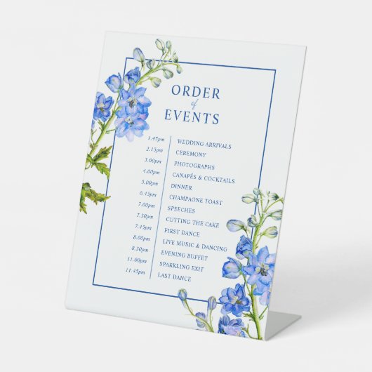 Blue delphinium botanical wedding order of event 台座サイン (正面)