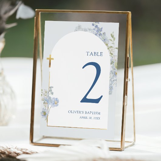 Blue Delphinium Floral Boy Baptism Table Number 招待状