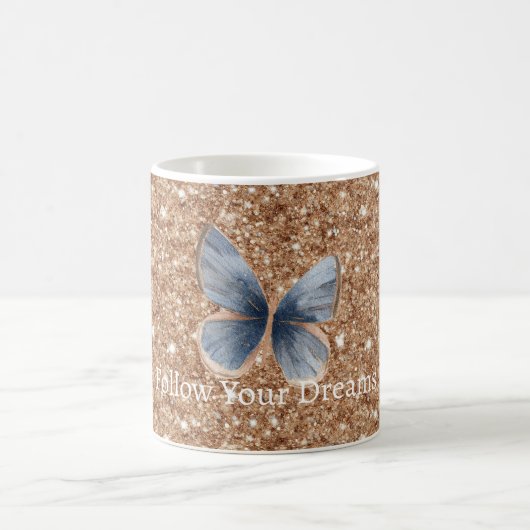 Blue Denim Butterfly Rustic Gold Glitter コーヒーマグカップ (中央)