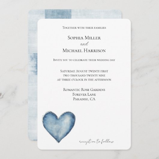 Blue Denim Jean Heart Wedding 招待状 (正面/裏面)