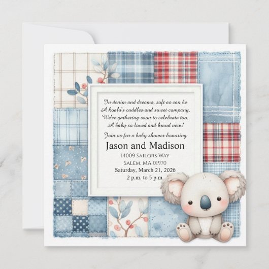 Blue Denim Koala Baby Shower Invitation 招待状 (正面)