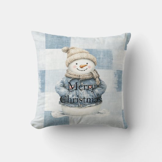 Blue Denim Snowman Christmas クッション (正面)