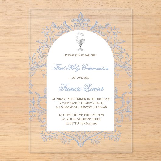  blue design First Holy Communion アクリル招待状 (正面)