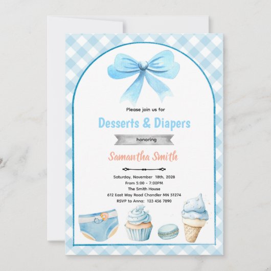 Blue Desserts and Diapers Baby shower Invitation 招待状 (正面)