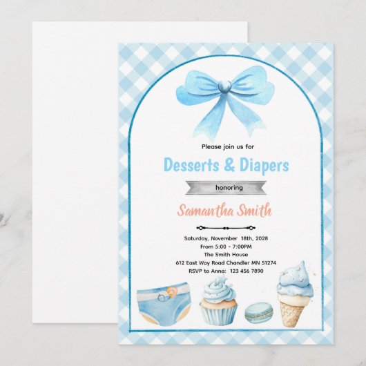 Blue Desserts and Diapers Baby shower Invitation 招待状 (正面/裏面)