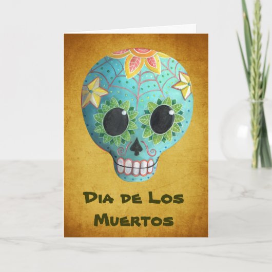 Blue Dia de Los Muertos Artの砂糖のスカル カード (正面)