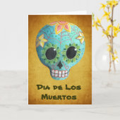Blue Dia de Los Muertos Artの砂糖のスカル カード (黄色い花)