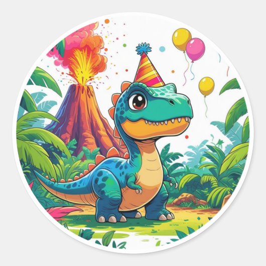 Blue Dino Birthday Sticker  ラウンドシール (正面)