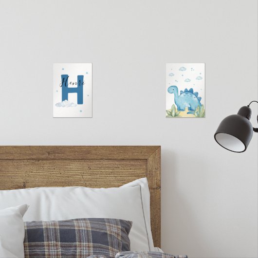 Blue Dinosaur Nursery Wall Art Set of 2 Print Set (寝室)