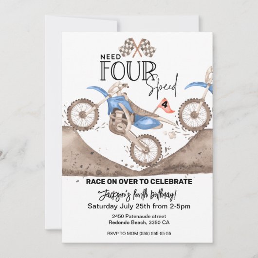 Blue Dirt Bike 4th birthday Need FOUR Speed  招待状 (正面)