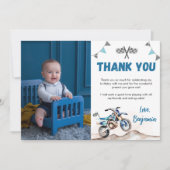 Blue Dirt Bike Boy Birthday Party Photo サンキューカード (正面)