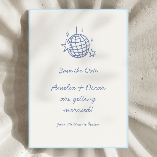 Blue Disco Ball Doodle Simple Fun Script Wedding セーブザデート