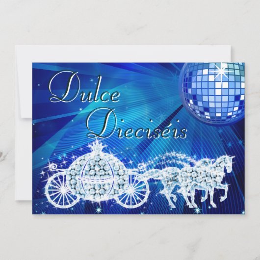 Blue Disco Ball, Princess Coach & Horses Sweet 16 招待状 (正面)