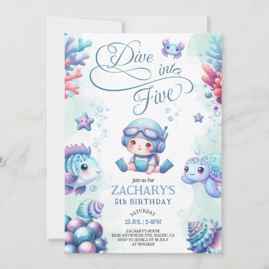 Blue Dive into Five Under the Sea 5th Birthday  招待状 (正面)