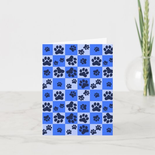 Blue Dog Paw Print Checkerboard カード (正面)