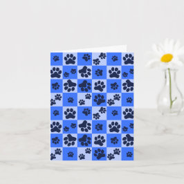 Blue Dog Paw Print Checkerboard カード