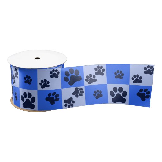 Blue Dog Paw Print Checkerboard サテンリボン (リール)