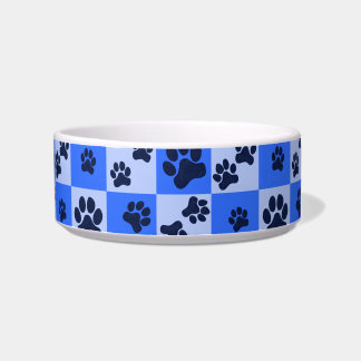 Blue Dog Paw Print Checkerboard ボウル