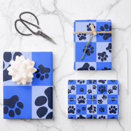 Blue Dog Paw Print Checkerboard ラッピングペーパーシート