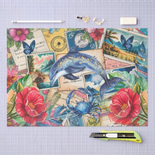 Blue Dolphin Tropical Floral & Butterfly Decoupage 薄葉紙 (クラフト)
