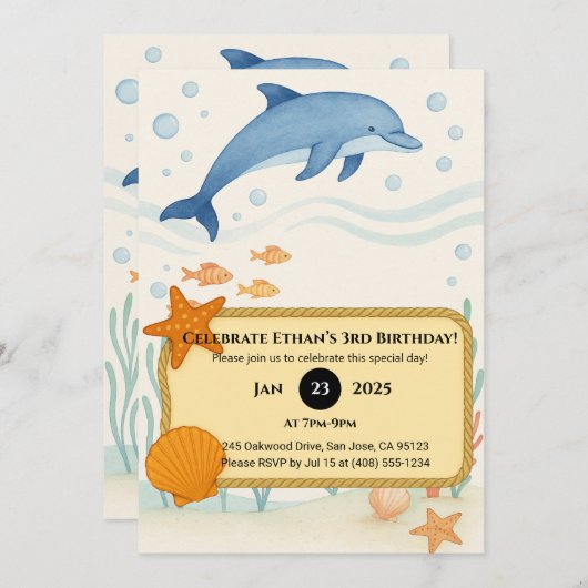 Blue Dolphin with Starfish & Rope Frame Birthday  招待状 (正面/裏面)