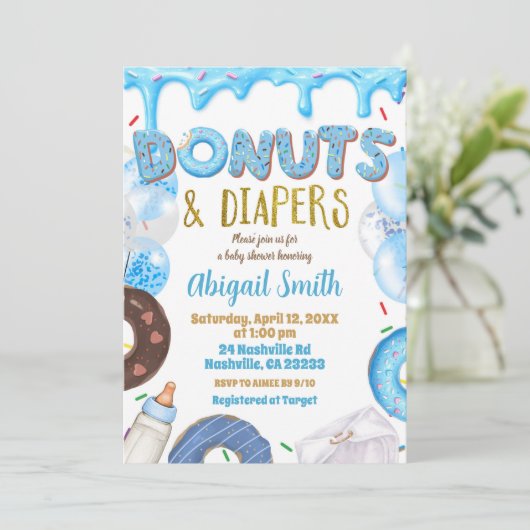 Blue Donuts and Diapers baby shower  招待状 (スタンド正面)