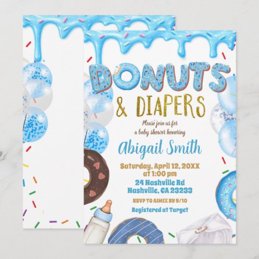 Blue Donuts and Diapers baby shower  招待状 (正面/裏面)