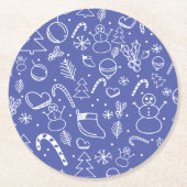 Blue Doodle Christmas Pattern -  Fun & Festive  ラウンドペーパーコースター (正面)