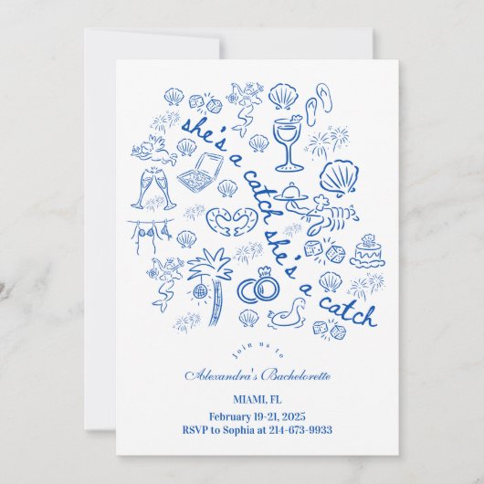 Blue Doodle Tropical Bachelorette 招待状 (正面)