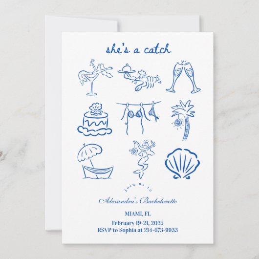 Blue Doodle Tropical She's a Catch Bachelorette  招待状 (正面)