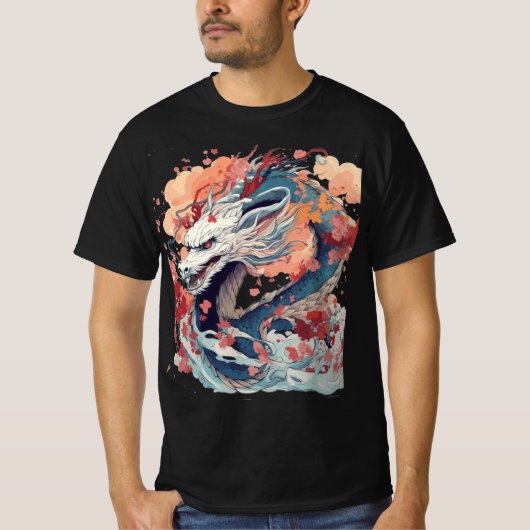 Blue Dragon with Blossoms and Clouds Tシャツ (正面)