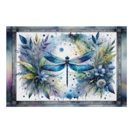 Blue Dragonfly Botanical Watercolor ポスター