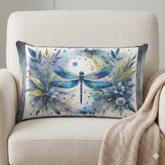 Blue Dragonfly Botanical Watercolor ランバークッション