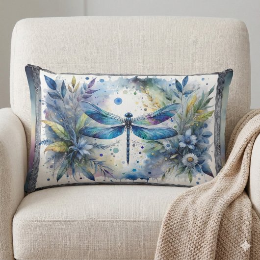 Blue Dragonfly Botanical Watercolor ランバークッション