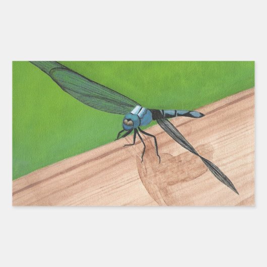 Blue Dragonfly on a Railスタンプ 長方形シール (正面)