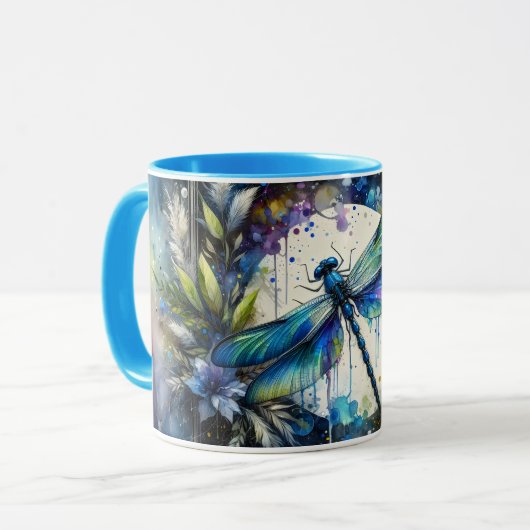 Blue Dragonfly Watercolor Botanical マグカップ (正面左)