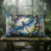 Blue Dragonfly Watercolor Botanical ランバークッション