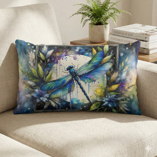 Blue Dragonfly Watercolor Botanical ランバークッション