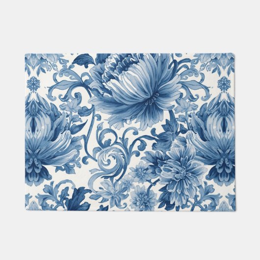 Blue Dreams | Floral Watercolor Chinoiserie ドアマット (正面)