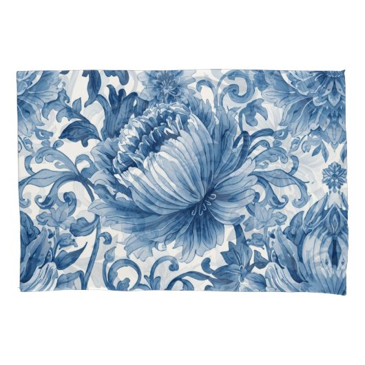Blue Dreams | Floral Watercolor Chinoiserie 枕カバー (正面)