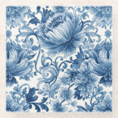 Blue Dreams | Floral Watercolor Chinoiserie White ガラスコースター (正面)
