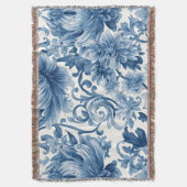 Blue Dreams | Floral Watercolor Chinoiserie White スローブランケット (正面縦)